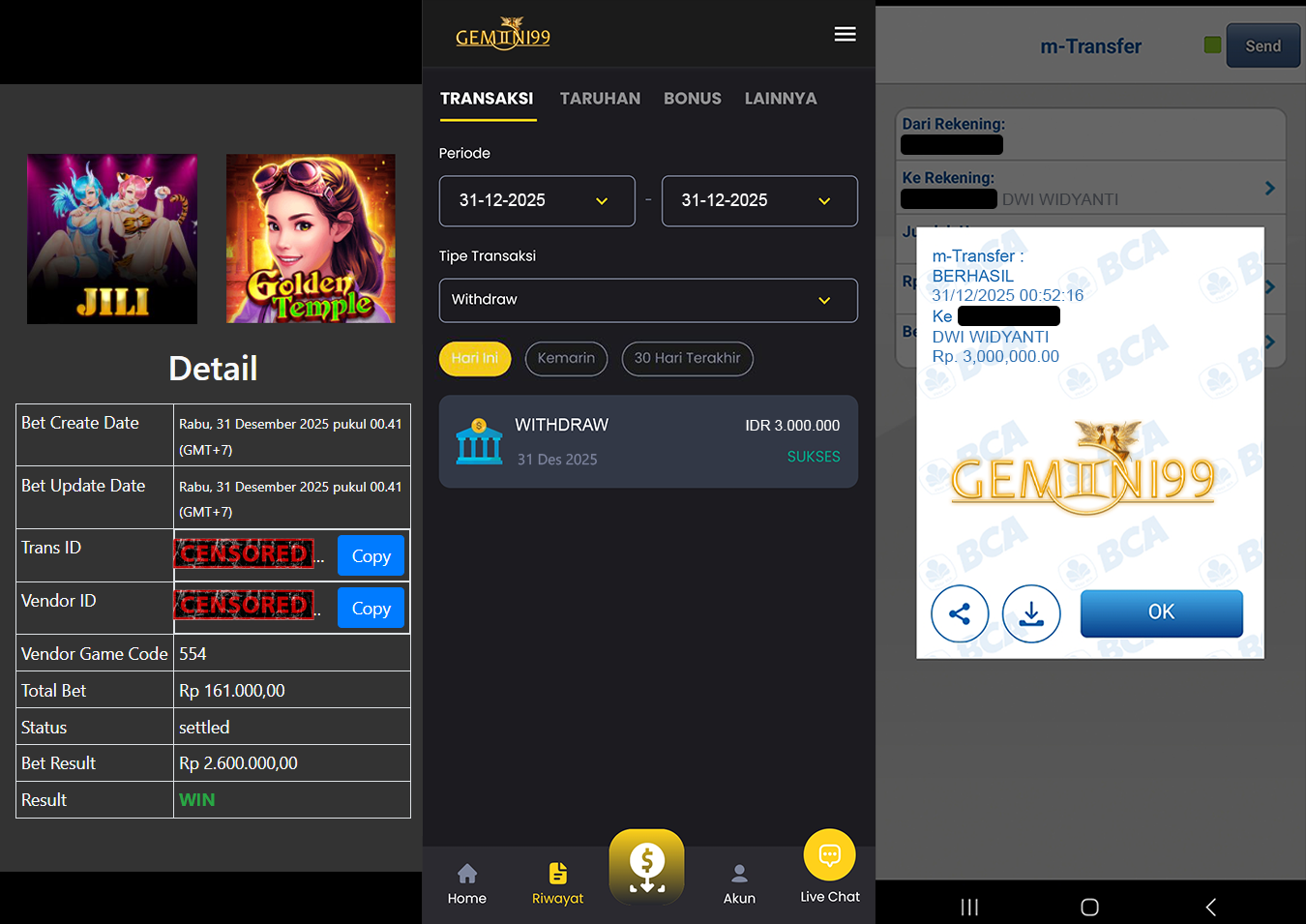 GEMINI99 BUKTI WITHDRAW (GOLDEN TEMPLE) DIBAYAR LUNAS